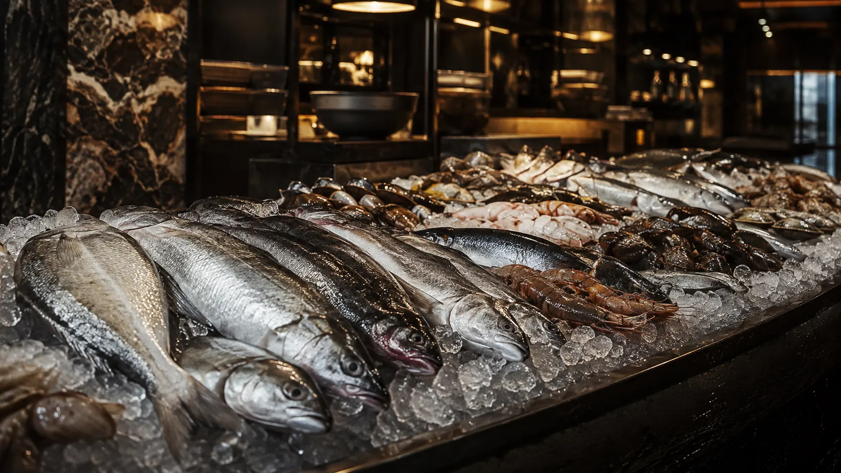 Il banco del pesce alle prime ore: ghiaccio, argento e crostacei