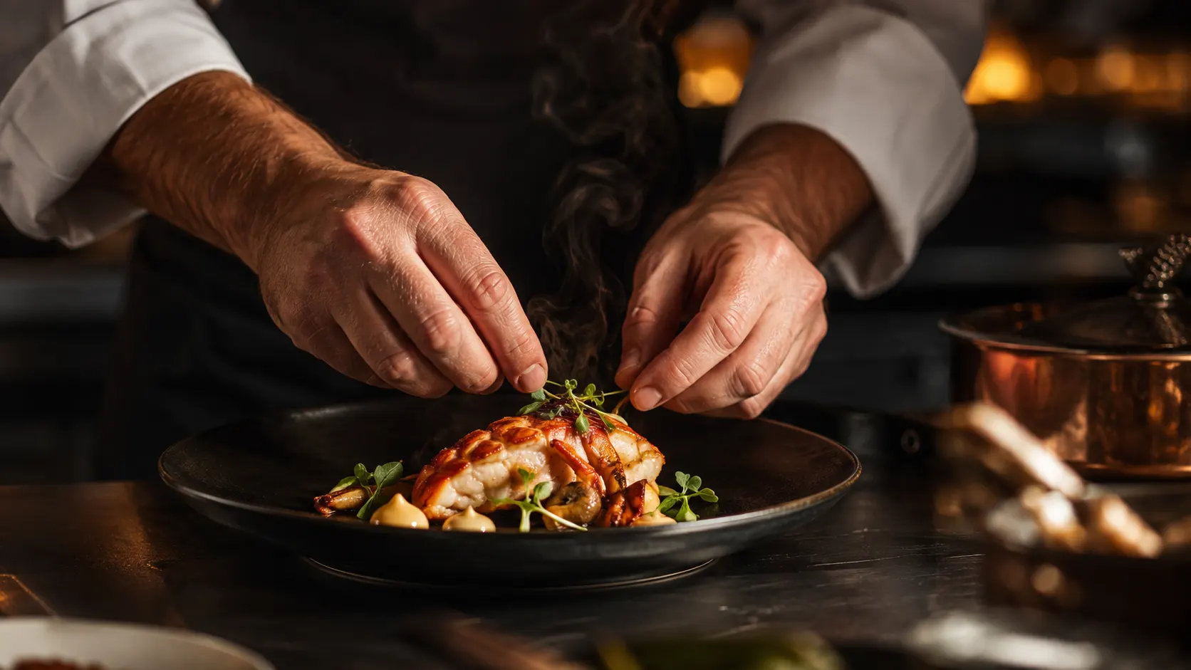 Le mani dello chef completano un piatto al pass