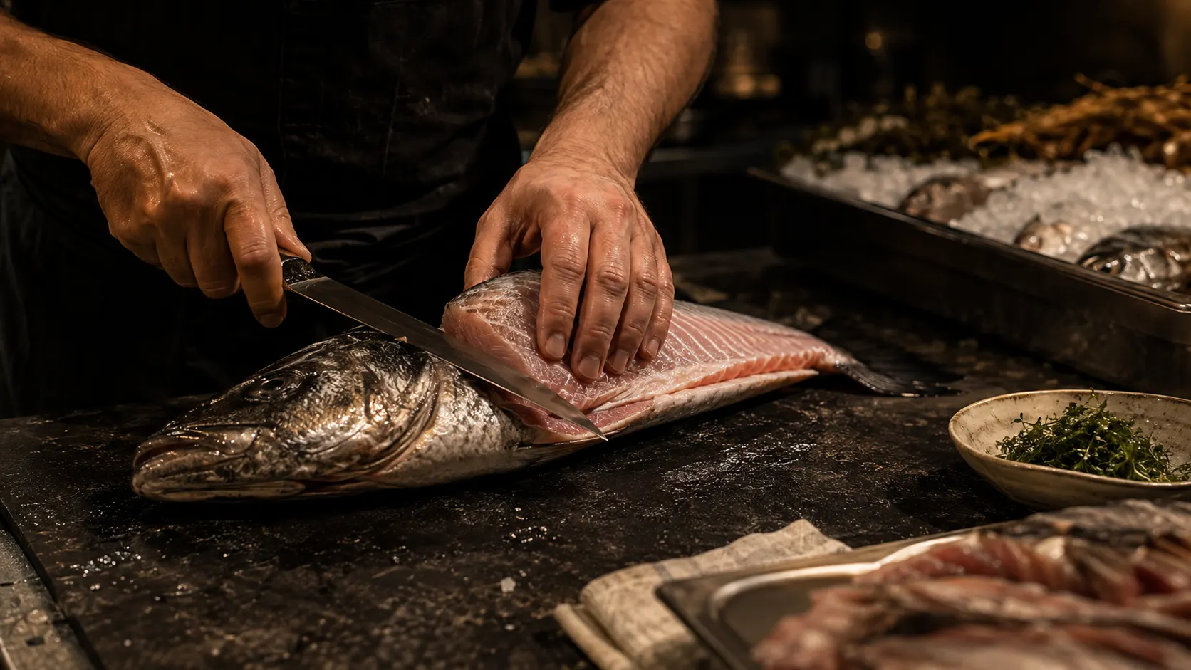 Le mani dello chef sfilettano il pesce sul banco di pietra